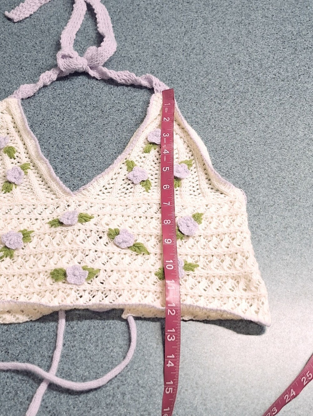 Kawaii Crochet Halter Crop Top with Lavender 3D Flowers, L(8-10) - Picture 12 of 13